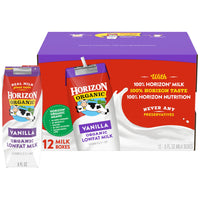 Thumbnail for Horizon Organic Shelf Stable 1% Lowfat Vanilla Milk Boxes, 8 fl oz, 12 Count - 8g Protein per Serving, USDA Organic UHT from Pasture-Raised Cows, Ready to Drink for Lunchbox, Travel, or On-the-Go, No Refrigeration Needed