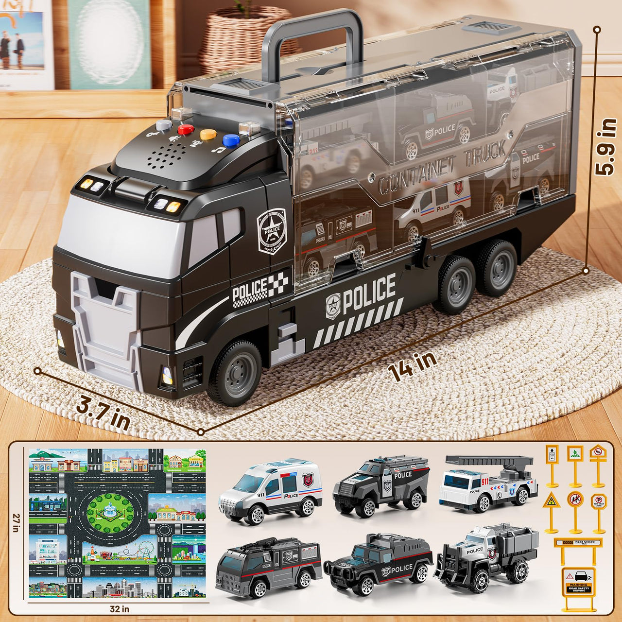 XINNOVEL Carrier Truck Toddlers Toys for 3 4 5 6 7 Years Old Boys, Toy Truck Transport Car & Die-Cast Car and Play Mat, Police Car Toys Birthday Gifts for Kids 3 4 5 6 7 8+ Years Old Boys Girls