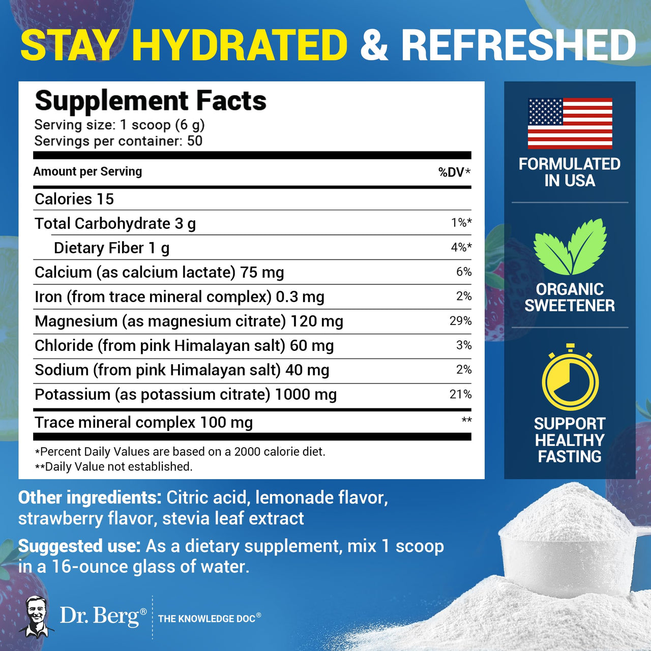 Dr. Berg Zero Sugar Hydration Keto Electrolyte Powder - Enhanced w/ 1000 mg of Potassium & Real Pink Himalayan Salt (NOT Table Salt) - Strawberry & Lemonade Hydration Drink Supplement - 50 Servings