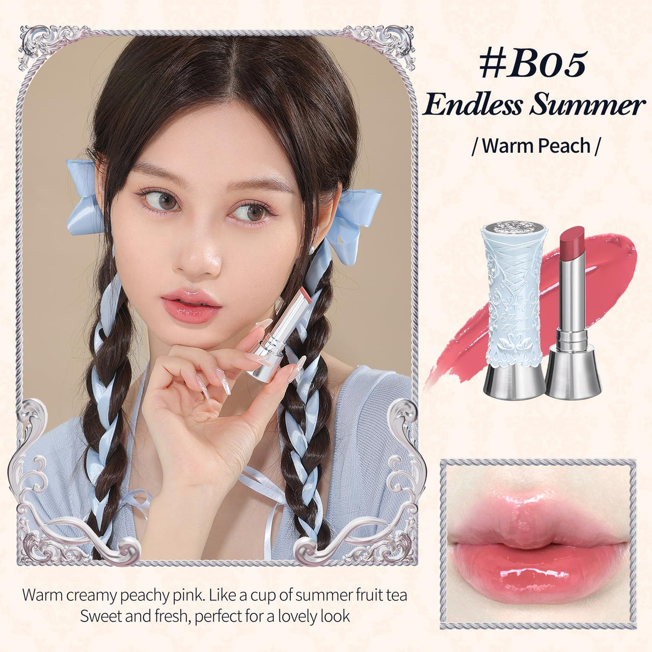 Flower Knows Swan Ballet Shine Lipstick,Hydrating Solid Lip Gloss,Moisturizing Pink Tinted Lip Balm-Long Lasting Lip Gloss in Balm for Girls&Women,Vegan & Cruelty-Free(B05 Endless Summer)
