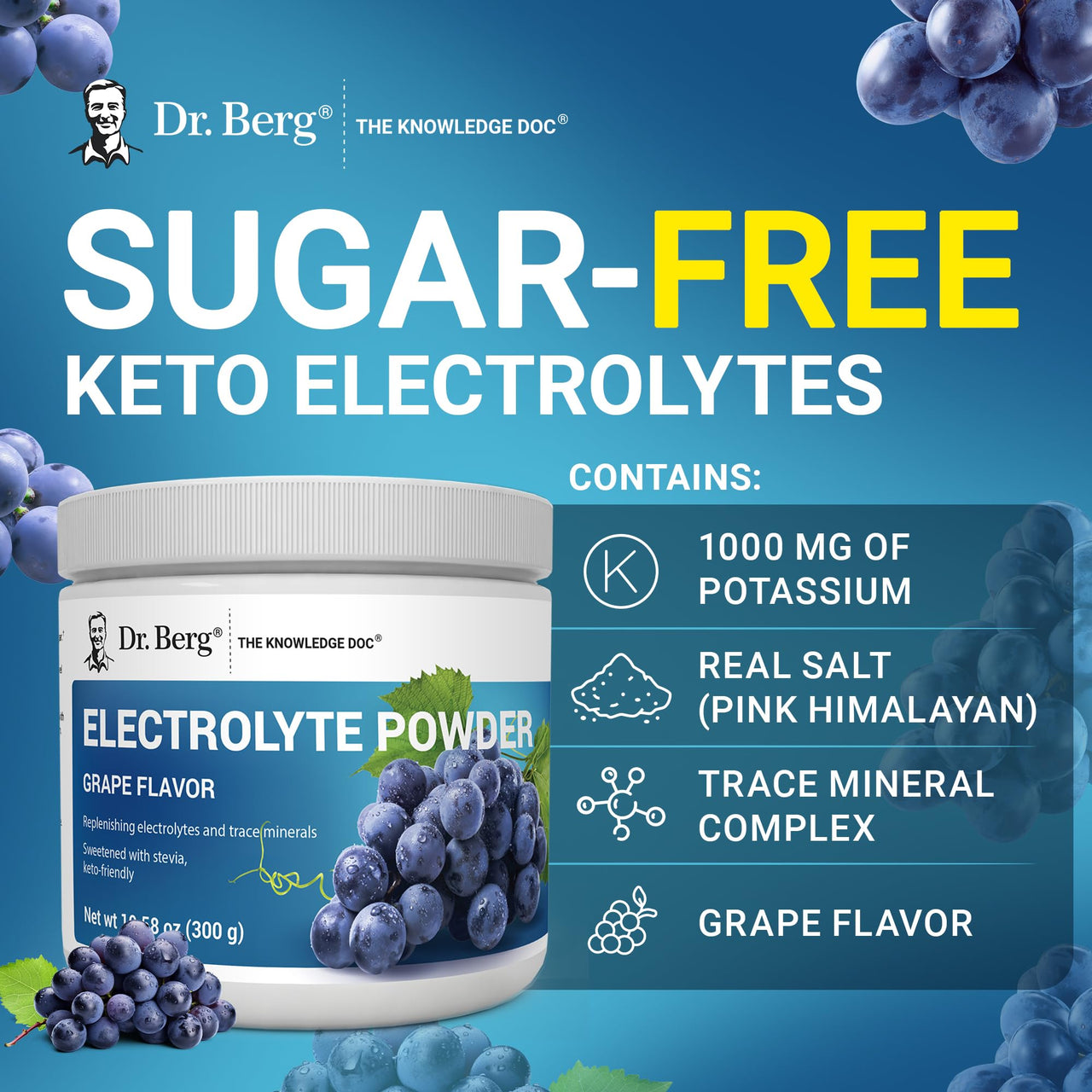 Dr. Berg Zero Sugar Hydration Keto Electrolyte Powder - Enhanced w/ 1000 mg of Potassium & Real Pink Himalayan Salt (NOT Table Salt) - Grape Flavor Hydration Drink Mix Supplement - 50 Servings
