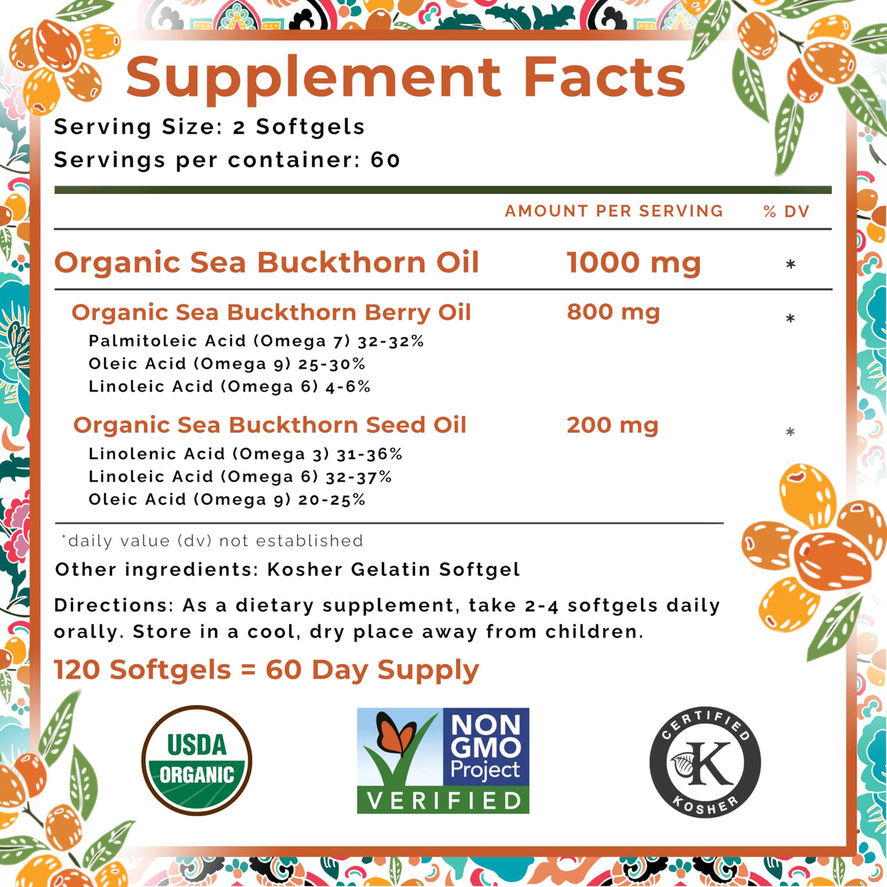 SEABUCKWONDERS Organic Sea Buckthorn Oil Omega-7 Complete, 120 Softgels, 60 Day Supply, with Omega 3, 6 & 9, Supports Hair, Skin & Nails, 100% Pure with Zero Filler Oil