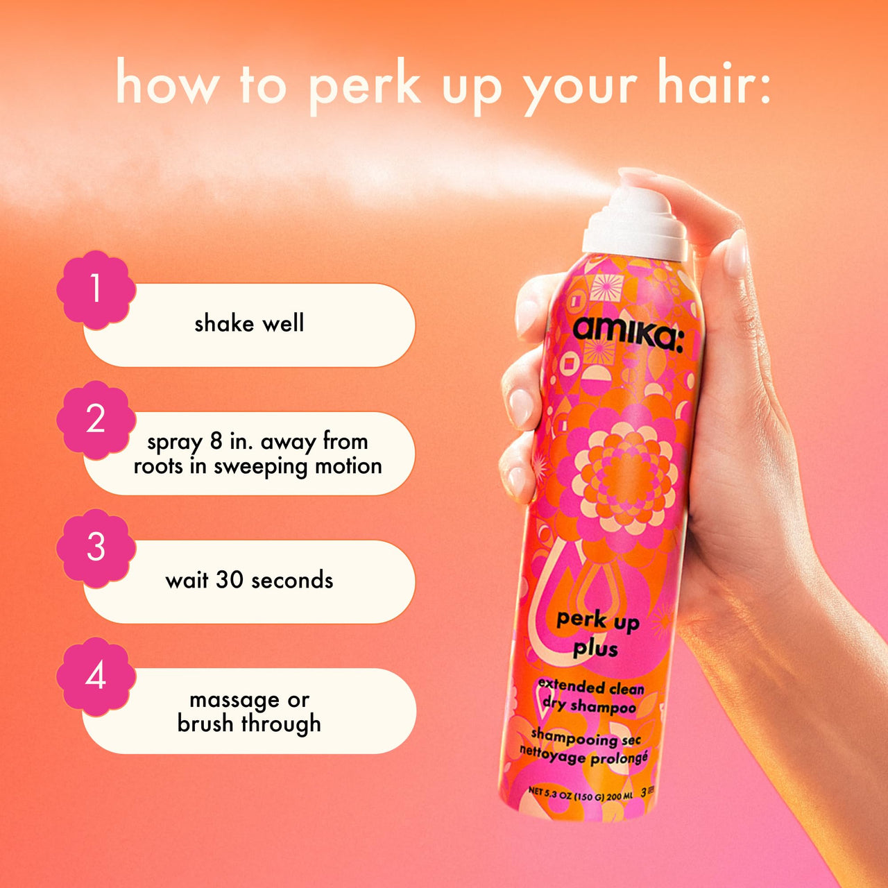 amika perk up plus extended clean dry shampoo, 9.5oz | revitalizes roots + boosts time between washes with no residue or build up | for all hair types