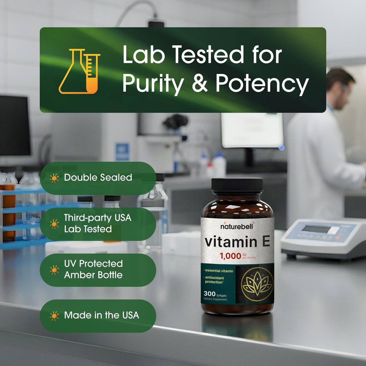 NatureBell Vitamin E 1,000 IU Per Serving - 300 Softgels - Antioxidant Supplement for Skin, Heart & Brain Health Support - High Bioavailability* - Gluten-Free & Non-GMO