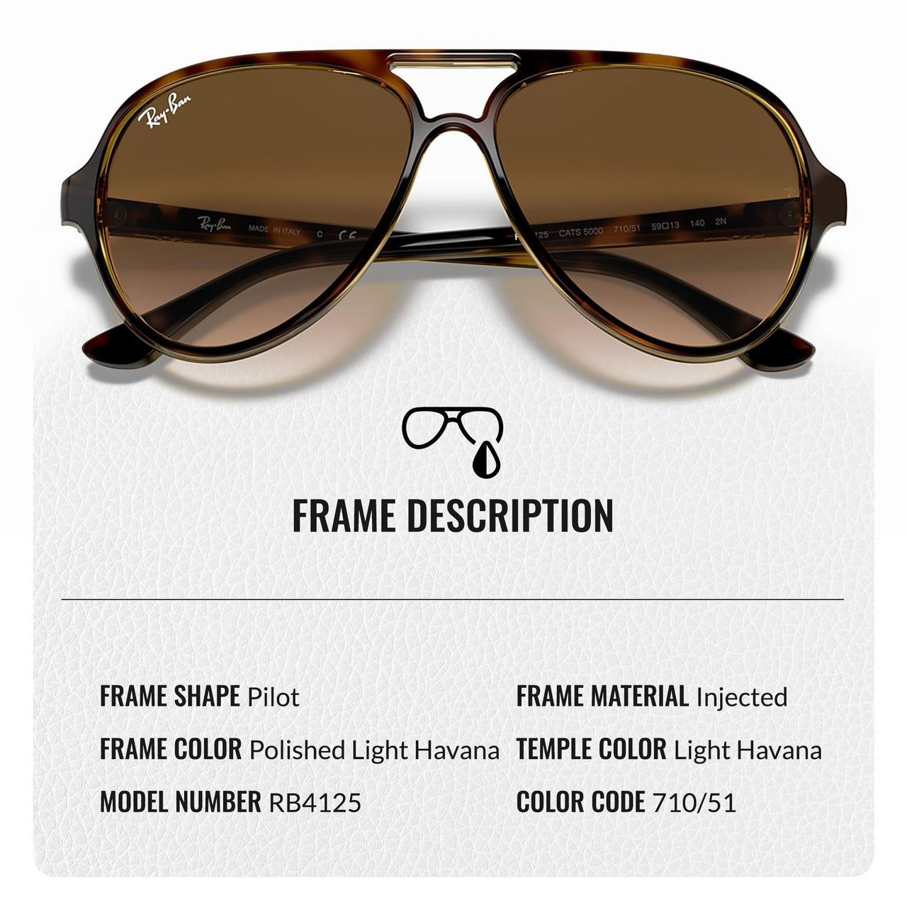 Ray-Ban RB4125 CATS 5000 CLASSIC Pilot Shaped Non-Polarized Sunglasses for Men – Includes Official RAYBAN Eyewear Kit – Ideal Formal & Casual Wear Sunglasses – Light Brown Gradient Lens