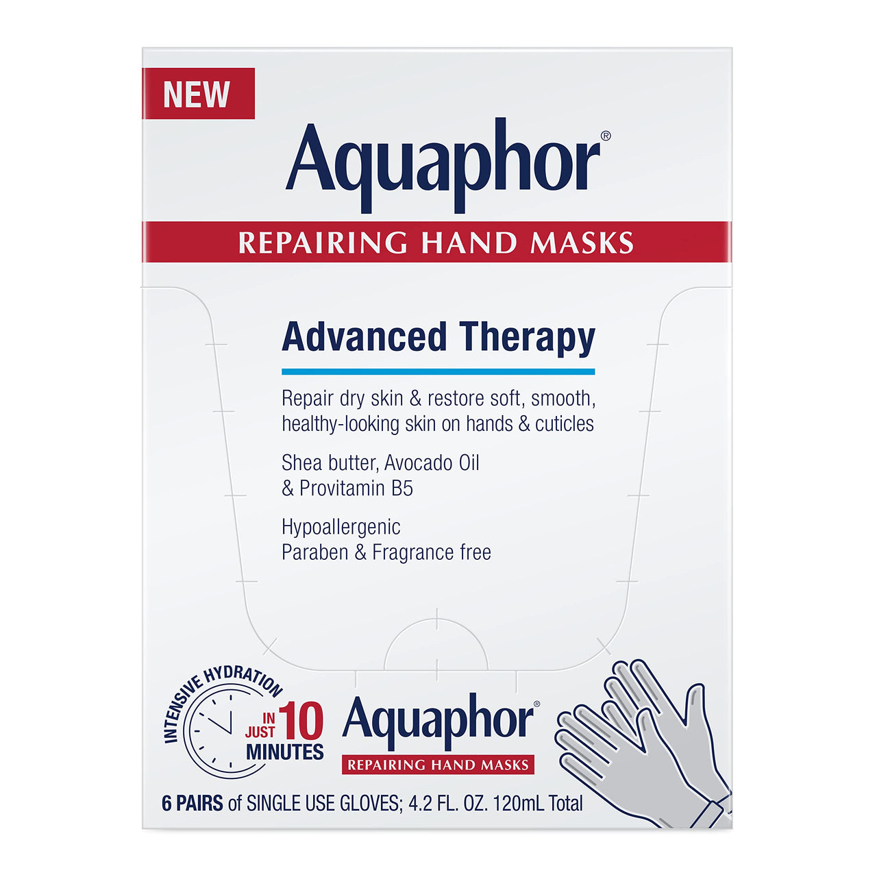 Aquaphor Repairing Hand Masks, Moisturizing Gloves for Dry Hands with Avocado Oil and Shea Butter, Manicure Supplies and At Home Spa Gifts for Mom, Pack of 6