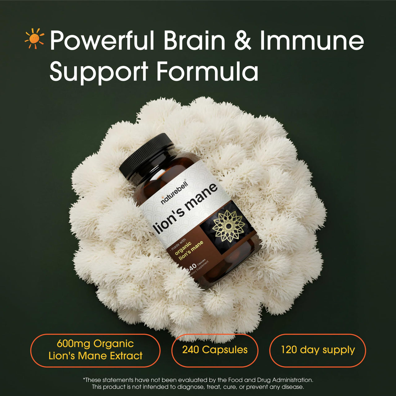 NatureBell Lion’s Mane - 240 Capsules - Organic Fruiting Body & Mycelium - Brain, Immune & Energy Support* - High-Potency Extract - Non-GMO & Gluten-Free