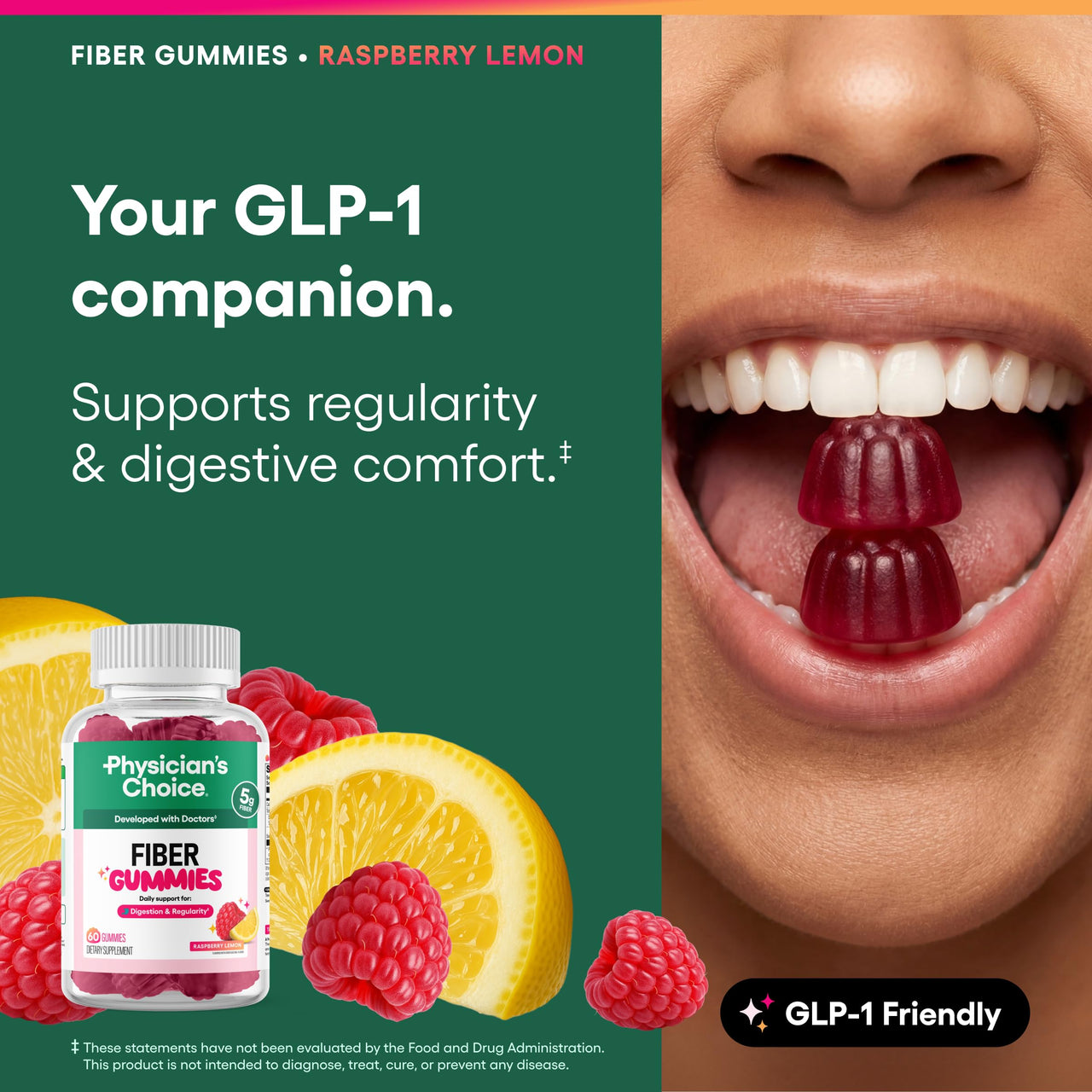 Physician's CHOICE Fiber Gummies for GLP-1 Support - No Sugar Added & Vegan - Raspberry Lemon - Natural Chicory Root Prebiotic Fiber Gummy - Digestive Health & Regularity for Women & Men - 60CT