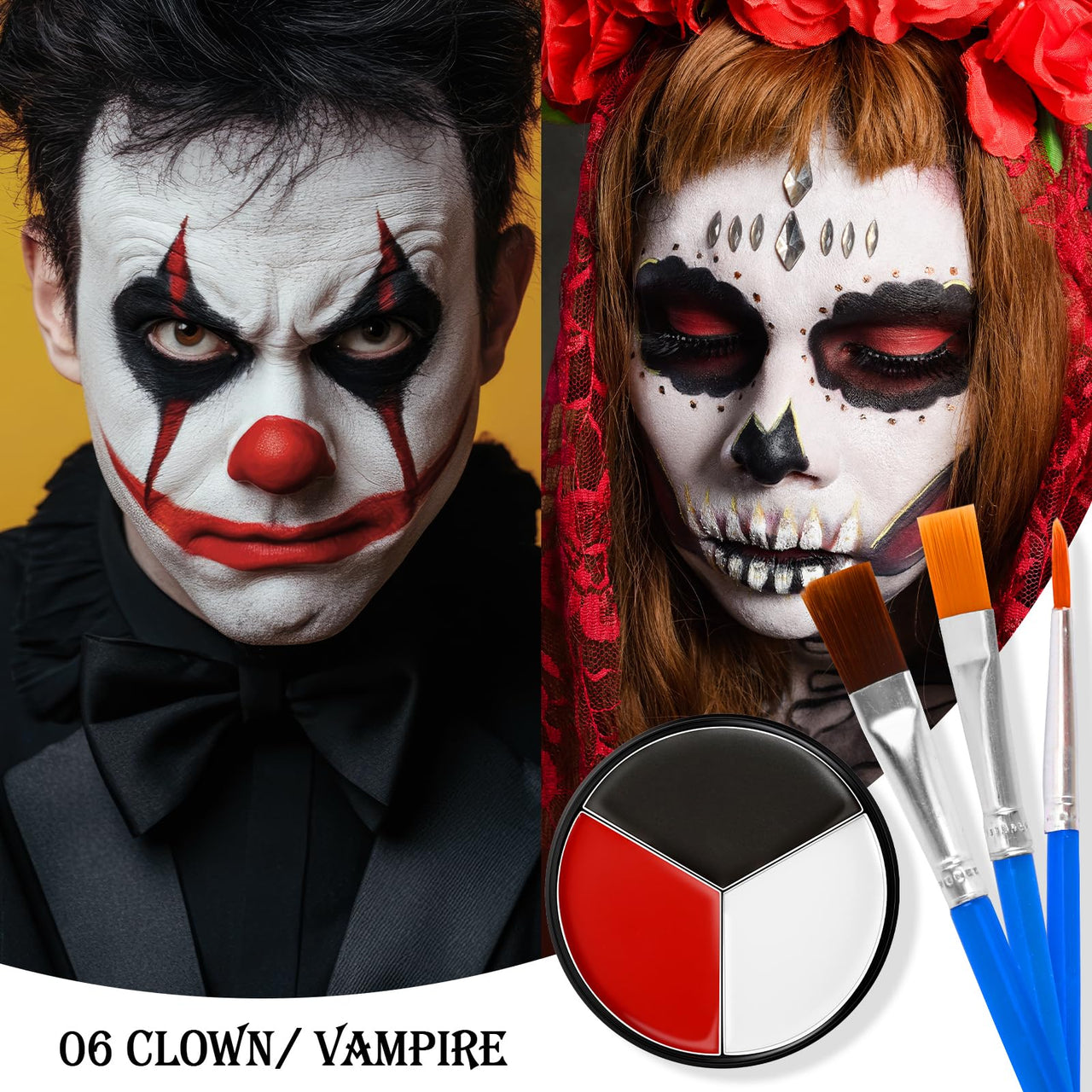 Black White Red Face & Body Paint - Blendable Facepaint Foundation with Sponge & Brush for Skin, Professional Halloween Face Make-up Kit for Zombie Clown Vampire Skeleton Skull Joker Costume