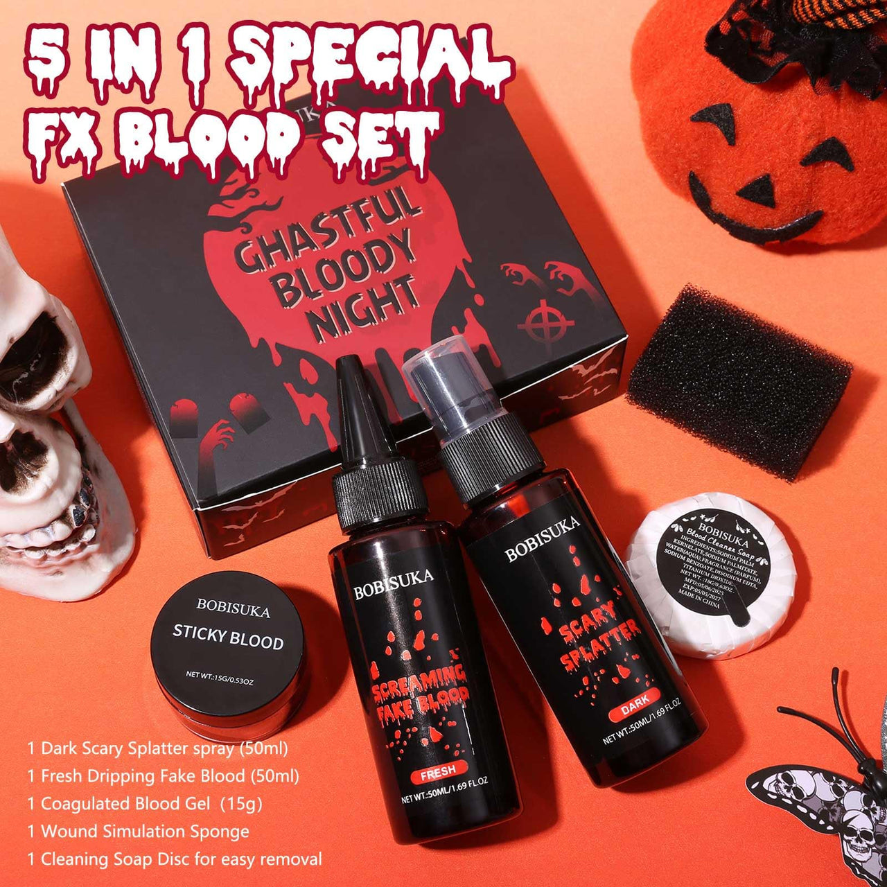 BOBISUKA 5PCS Halloween Fake Blood Kit – Dripping Fresh Blood, Dark Spray Blood, Coagulated Gel, Cleansing Soap, Stipple Sponge – Realistic Washable SFX Makeup for Zombie, Vampire Monster & Cosplay