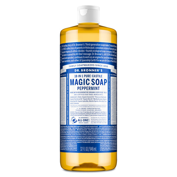 Dr. Bronner's Pure-Castile Magic Liquid Soap - Made with Regenerative Organic Certified Oils- 18-in-1 Uses for Face, Body, Hand, Hair, Laundry & More- Vegan, Non-GMO- Body Wash- Peppermint,32oz