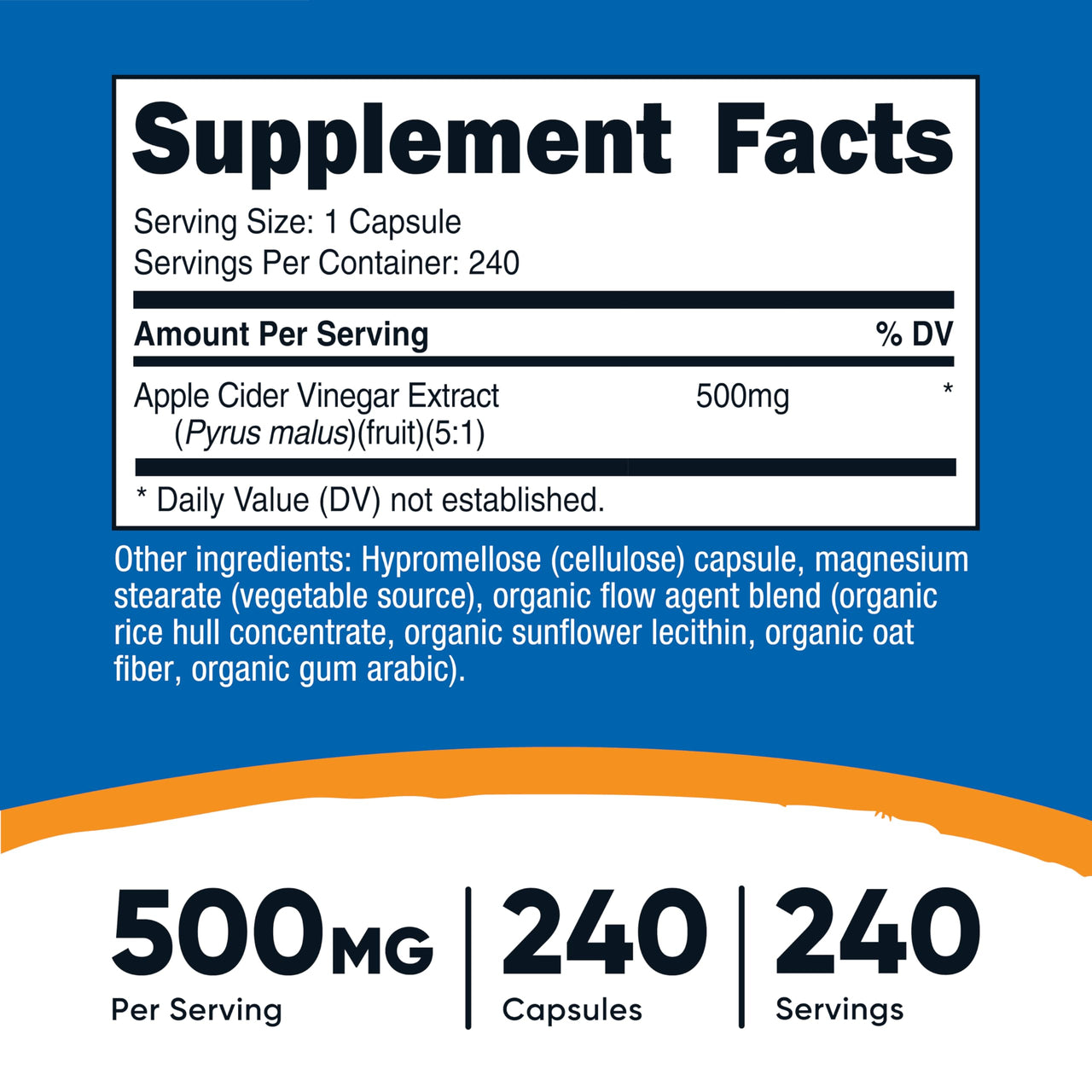 Nutricost Apple Cider Vinegar Capsules 500mg, 240 Vegetarian Capsules - Natural, Vegetarian, GMP, Non-GMO and Gluten Free