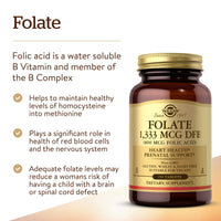 Thumbnail for Solgar Folate 1,333 MCG Dietary Folate Equivalent (800 mcg Folic Acid), 250 Tablets - Heart Health, Healthy Nervous System, Prenatal Support - Non-GMO, Vegan, Gluten Free, Dairy Free - 250 Servings