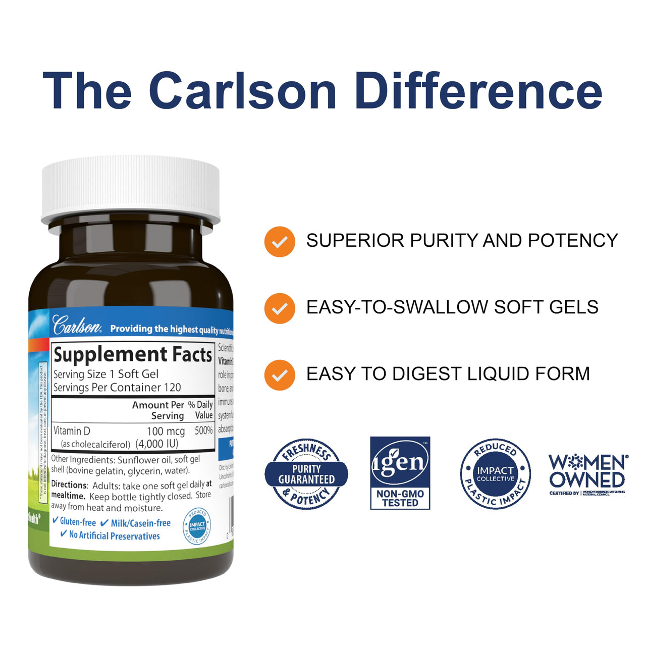 Carlson - Vitamin D3, 4000 IU (100 mcg), Vitamin D Supplements, Bone & Immune Health, Cholecalciferol Supplement, Gluten Free Vitamin D Capsules, 120 Softgels