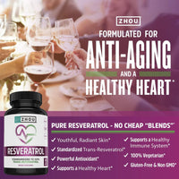 Thumbnail for ZHOU Resveratrol - Resveratrol 1000mg Nutritional Supplement for Women & Men, Pure Ultra Strength Heart Health and Antioxidant Support Formula - 60 Veggie Capsules