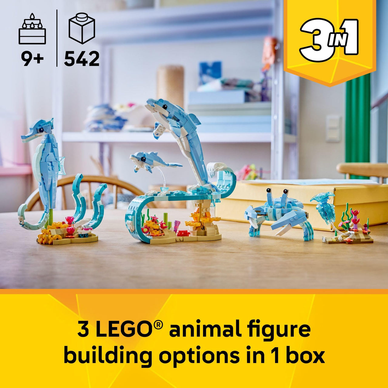 LEGO Creator 3 in 1 Sea Animals: Beautiful Dolphins Building Toy for Girls, Boys, & Kids, Ages 8+ - Gift for Birthdays - Build a Dolphin, Seahorse, or Crab Animal Figure - 31385