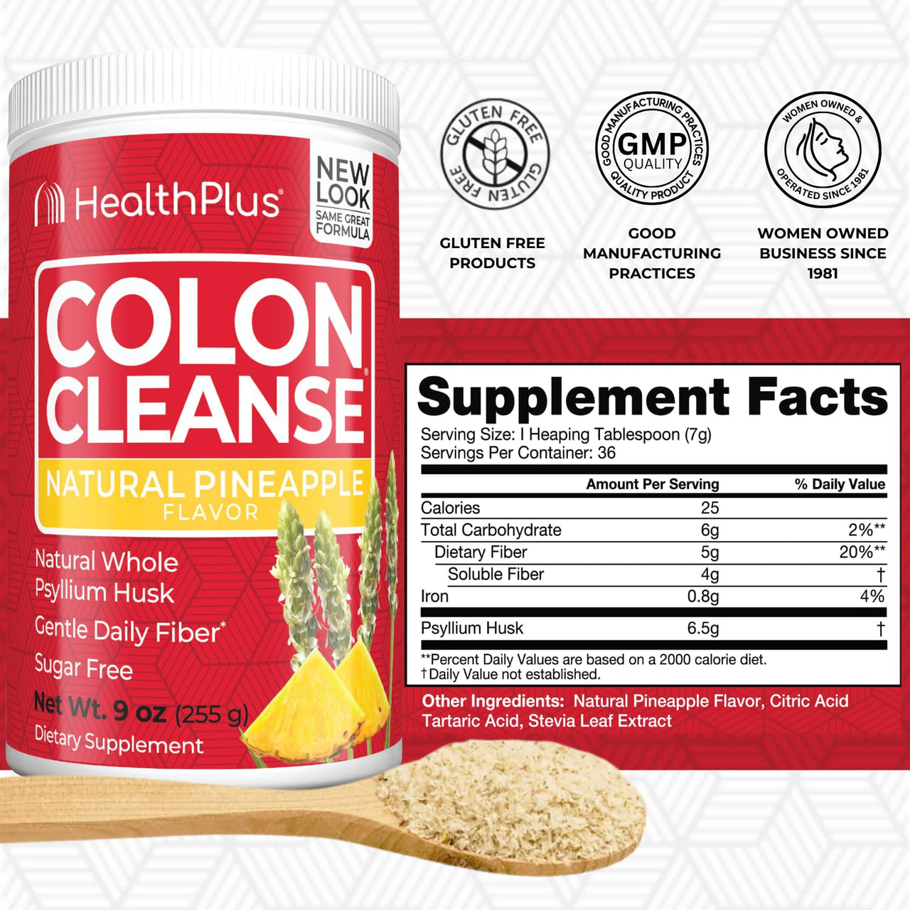 Health Plus Colon Cleanse Digestive Support | No Artificial Flavors | Daily Fiber for Toxin Elimination to Reduce Bloating | Psyllium Husk | Pineapple Flavor | 9 Ounces, 36 Servings