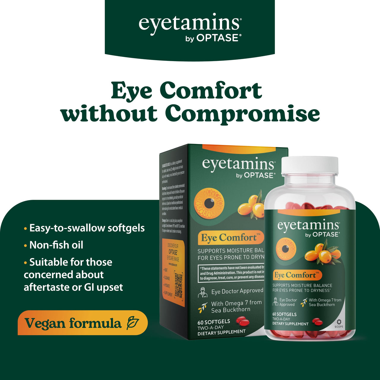 eyetamins® by OPTASE® Eye Comfort™ - 60 Softgels - Eye Doctor Recommended - an Omega-Based Eye Supplement formulated to Support Moisture Balance and Eye Comfort from Within. Plant Based Soft gels.