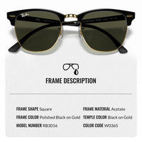 Thumbnail for Ray-Ban RB3016 CLUBMASTER CLASSIC Square Shaped Non-Polarized Sunglasses for Men & Women – Includes Official RAYBAN Eyewear Kit – Ideal Formal & Casual Wear Sunglasses – G-15 Green Lens