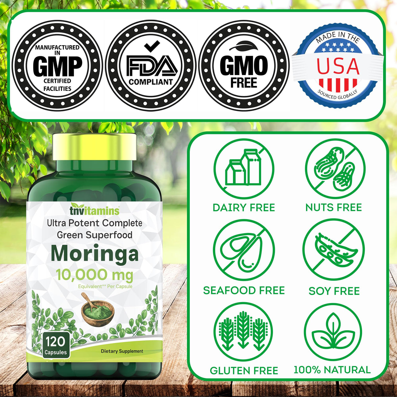 tnvitamins Moringa Capsules 10,000 mg - 120 Capsules | High Potency Moringa Leaf Extract Superfood Supplement for Energy, Vitality & Antioxidant Support
