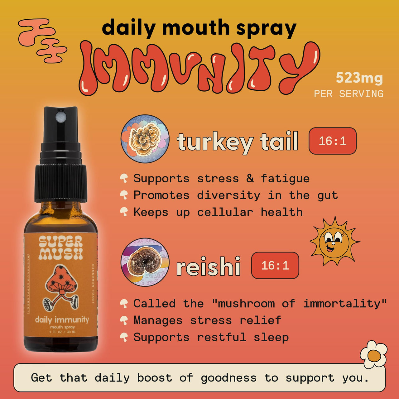 SuperMush Daily Immunity Mouth Spray Organic - Mushroom Immunity Spray Supplements - Turkey Tail & Reishi Mixed Mushrooms Extract - Immune & Digestive Health Support - 30ml Pure & Organic Turkey Tail