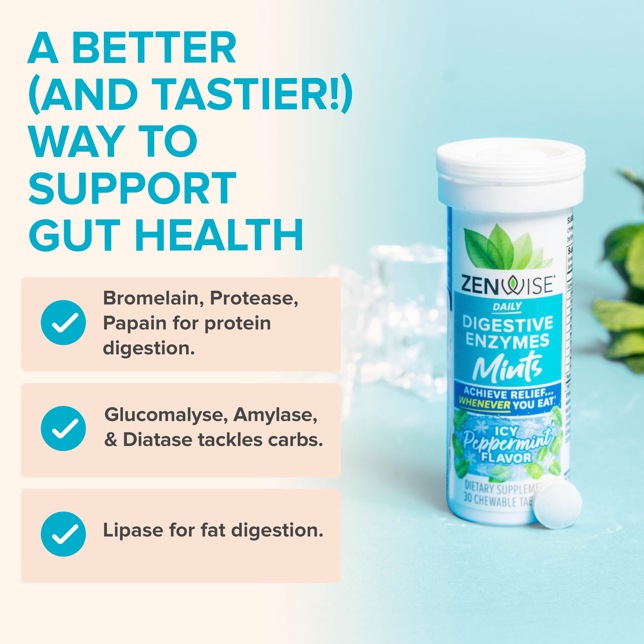 Zenwise Health Digestive Enzyme Breath Mints for Gut Health, ICY Peppermint Flavor - Digestive Enzymes for Bloating Relief & Gut Support - Multi Enzymes Digestion Supplement - 30 Chewable Tablet