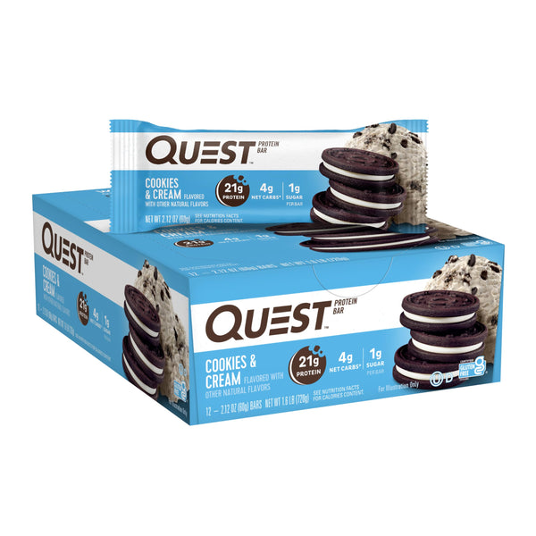 Quest Nutrition Cookies & Cream Protein Bars, 21g Protein, 1g Sugar, 4g Net Carb, High Fiber, Gluten Free, Keto Friendly, 12 Count