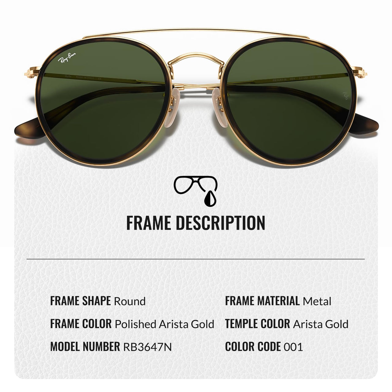 Ray-Ban RB3647N ROUND DOUBLE BRIDGE Round Shaped Non-Polarized Sunglasses for Men & Women – Includes Official RAYBAN Eyewear Kit – Ideal Formal & Casual Wear Sunglasses – G-15 Green Lens