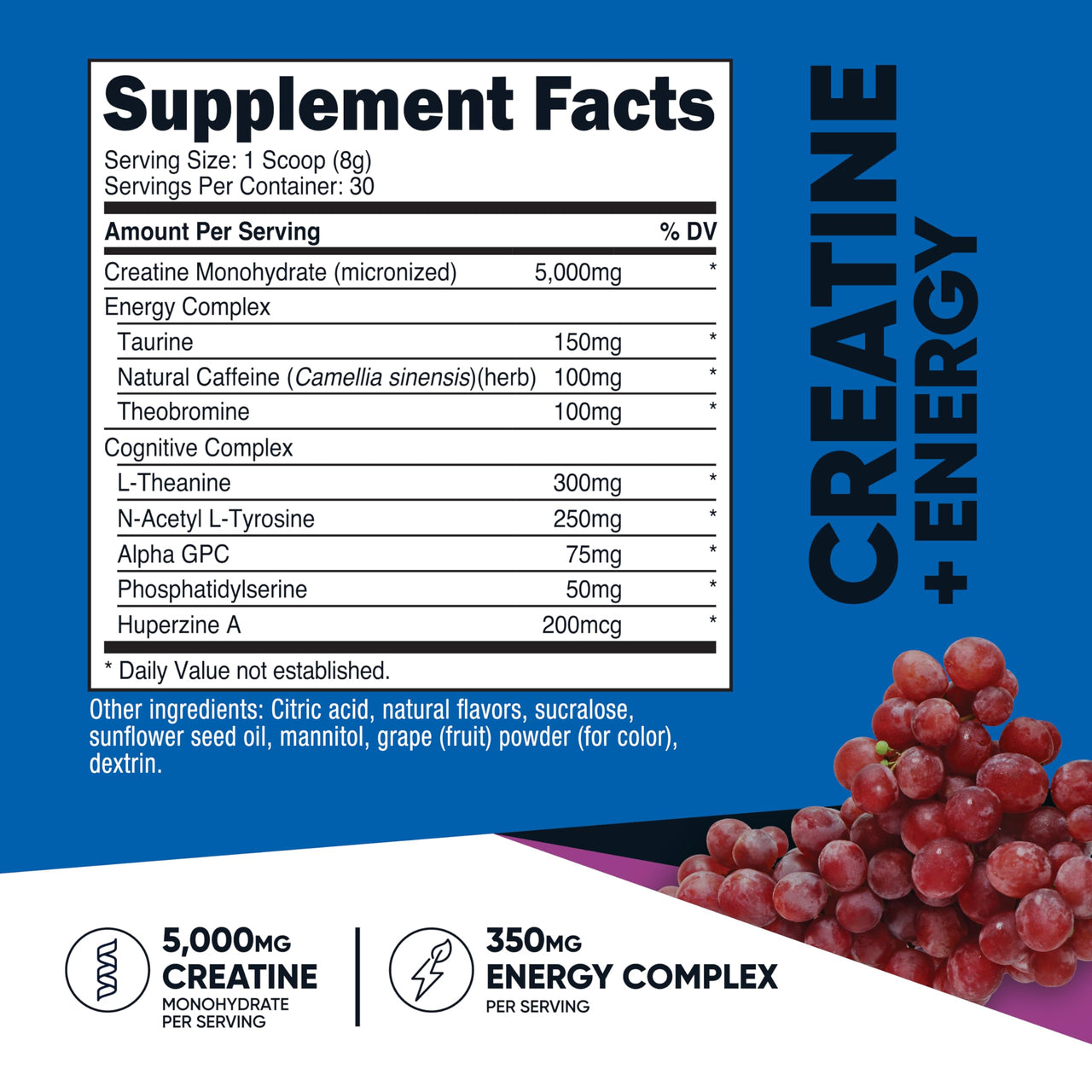 Nutricost Creatine + Energy 30 Servings (Grape Flavored) - 5,000mg Creatine Monohydrate + 350mg Energy Complex Per Serving