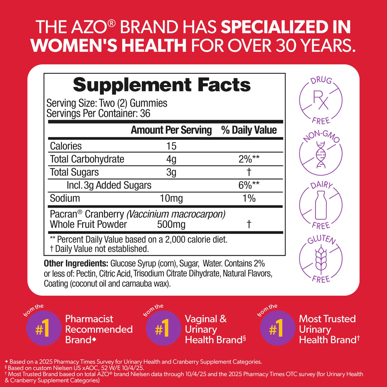 AZO Cranberry Urinary Tract Health Gummies Dietary Supplement, 2 Gummies = 1 Glass of Cranberry Juice, Helps Cleanse & Protect, Natural Berrylicious Flavor, Non-GMO, 72 Gummies