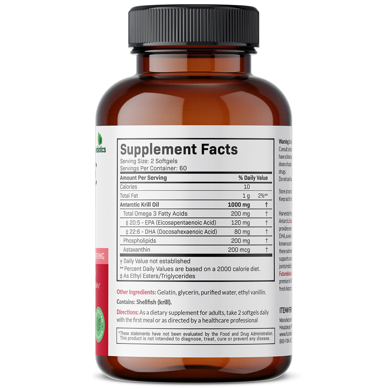 Futurebiotics Antarctic Krill Oil 1000mg with Omega-3s EPA, DHA, Astaxanthin and Phospholipids - Premium Krill Oil Heavy Metal Tested, Non GMO – 120 Softgels (60 Servings)