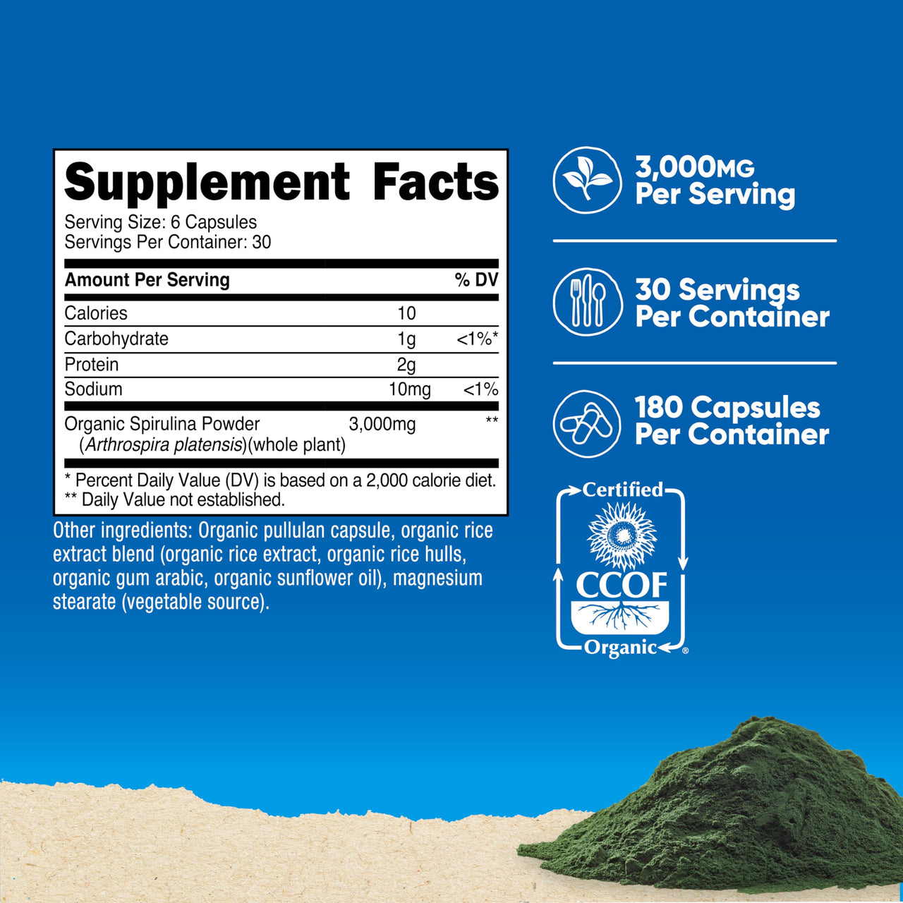 Nutricost Spirulina 3,000mg, 180 Capsules for 30 Servings - CCOF Certified Made with Organic Spirulina, Gluten Free, Vegetarian