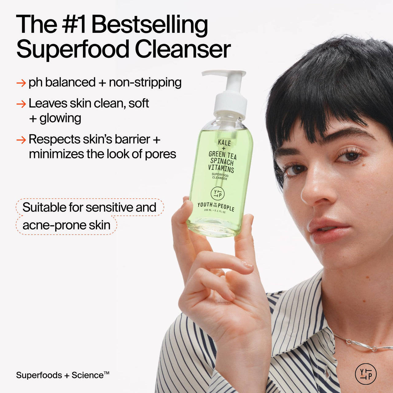 Youth To The People Superfood Facial Cleanser Full Size - Kale + Green Tea Daily Face Wash, Gentle Makeup Remover, with Soothing Antioxidants for Glowing Skin, pH Balance, Clean Pores – 8 fl oz