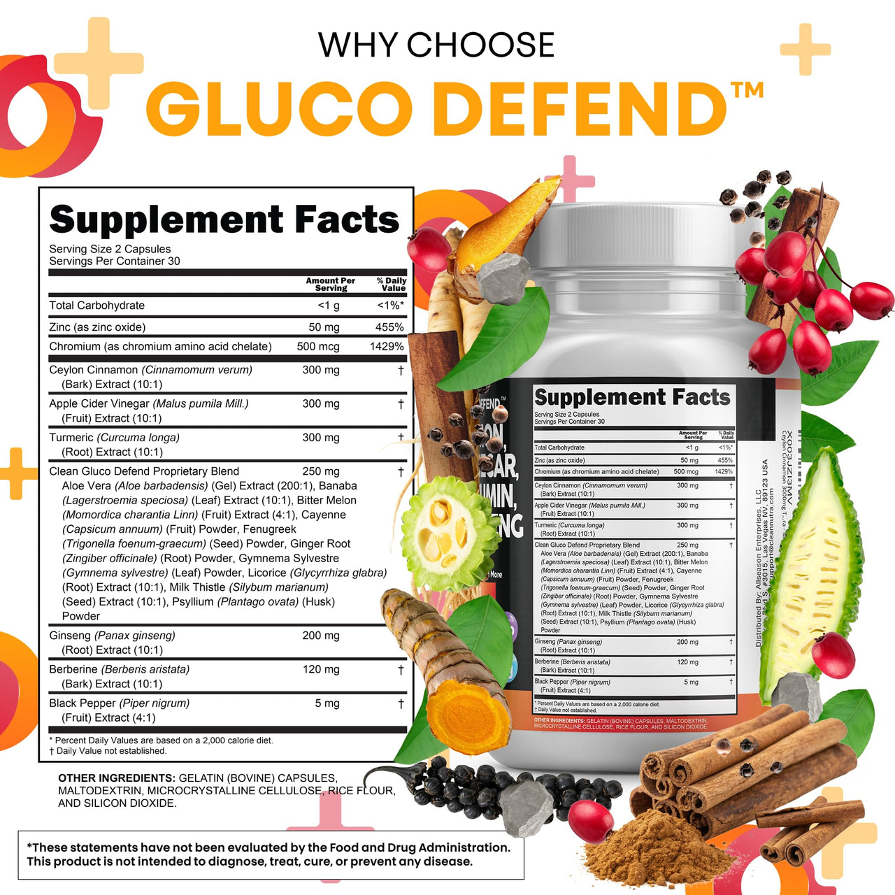 Clean Nutraceuticals Ceylon Cinnamon Capsules + Berberine Turmeric Apple Cider Vinegar Ginseng Bitter Melon Gymnema Milk Thistle Fenugreek Supplement Pills Powder for Men & Women