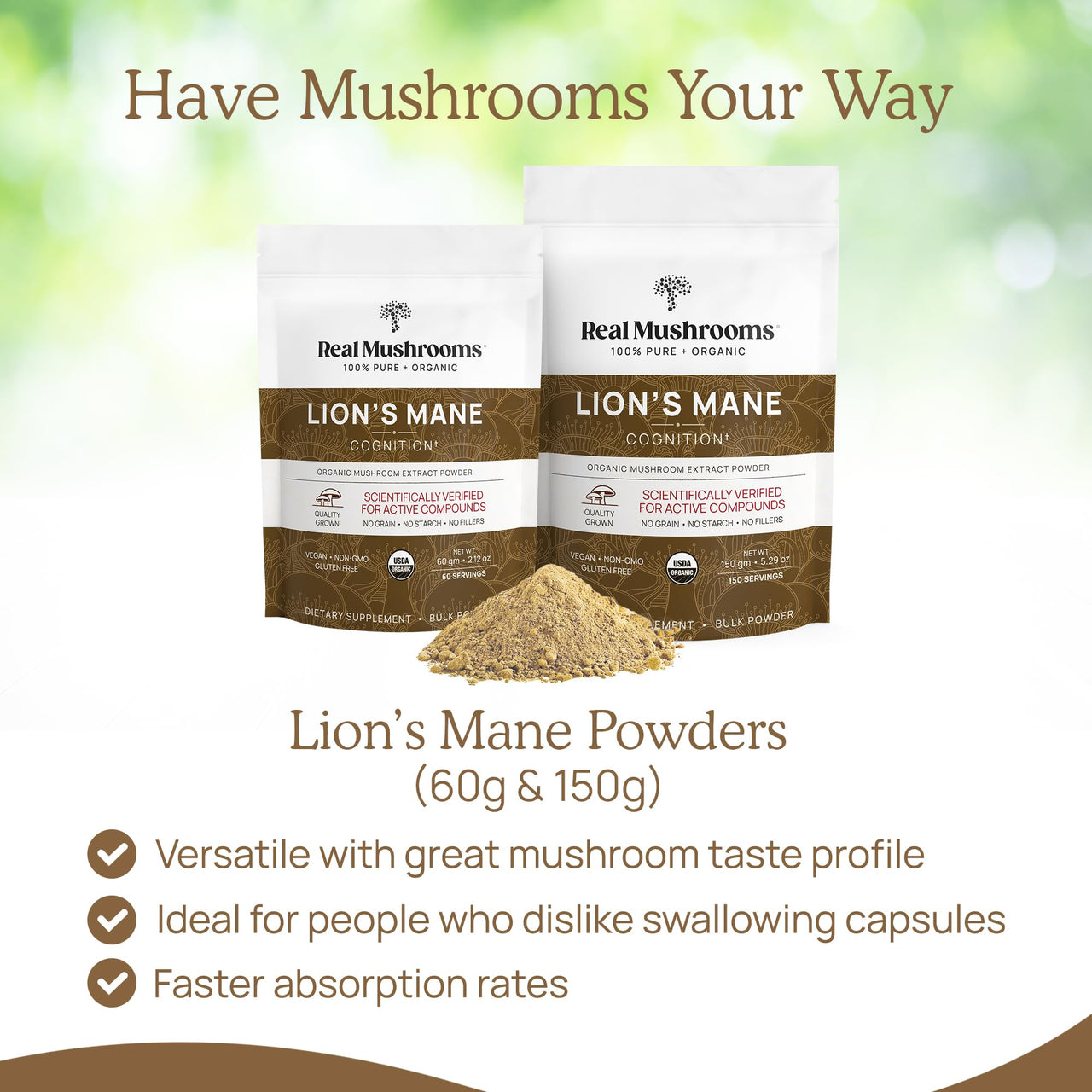 Real Mushrooms Lions Mane Powder - Organic Mushroom Extract for Cognitive Function Immune Support Brain Supplements Memory and Focus Vegan Supplement, 150 Servings