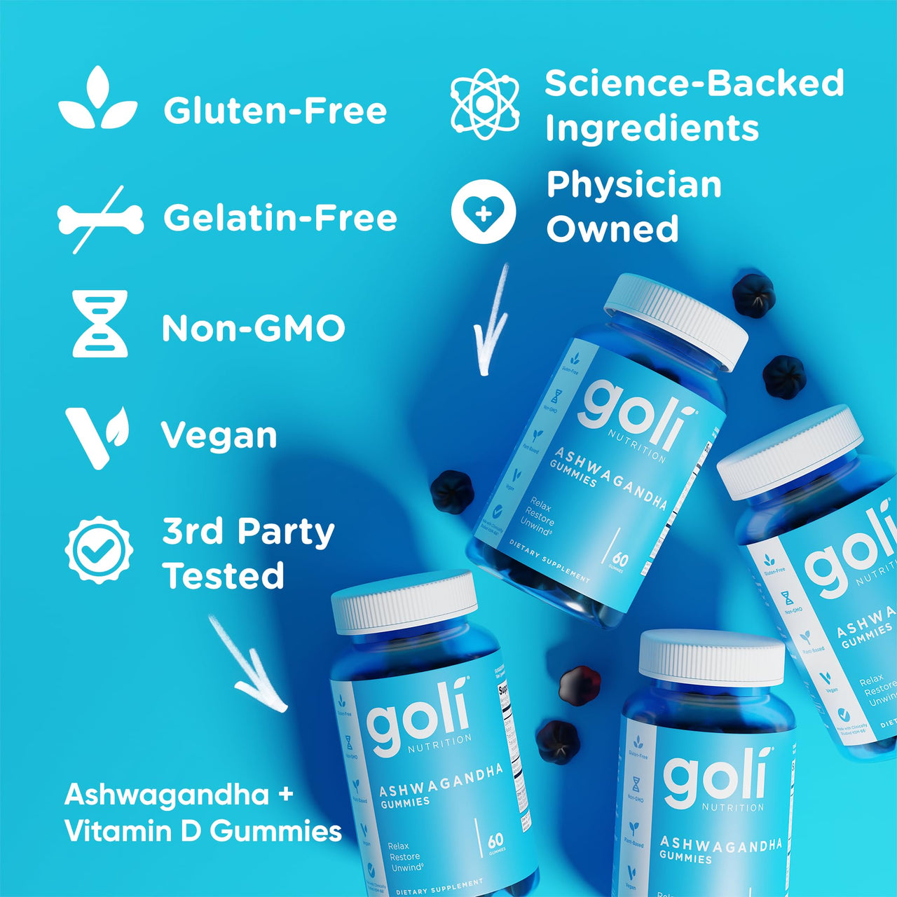 Goli Ashwagandha Gummies with KSM-66 and Vitamin D - Premium Root Extract - Vegan, Non-GMO - Mixed Berry Flavor - 60 Count (3-Pack, 180 Total)