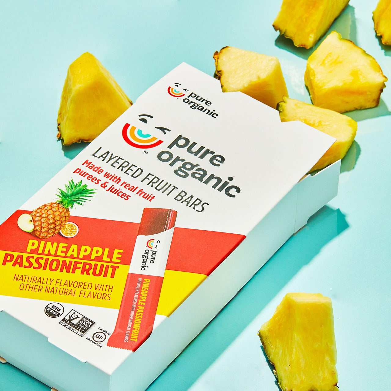 Pure Organic Layered Fruit Bars, Gluten Free, Vegan Fruit Snacks, Pineapple Passionfruit (2 Boxes, 24 Bars)