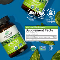 Thumbnail for ORGANIC INDIA Moringa Herbal Supplement - Green Superfood, Nutrient Dense, Pure Plant Protein, Vitamin A, E, K, Iron, Calcium, Fiber, Vegan, Gluten-Free, USDA Certified Organic - 90 Capsules