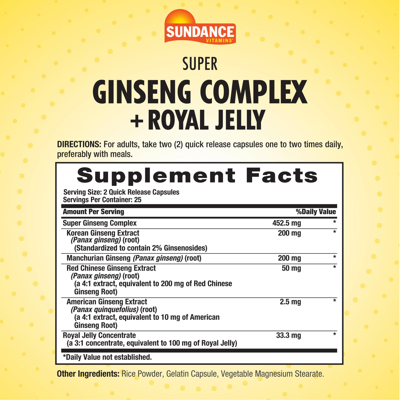 Sundance Super Ginseng Complex | with Royal Jelly | 50 Quick Release Capsules | Non-GMO and Gluten Free Traditional Herb Supplement