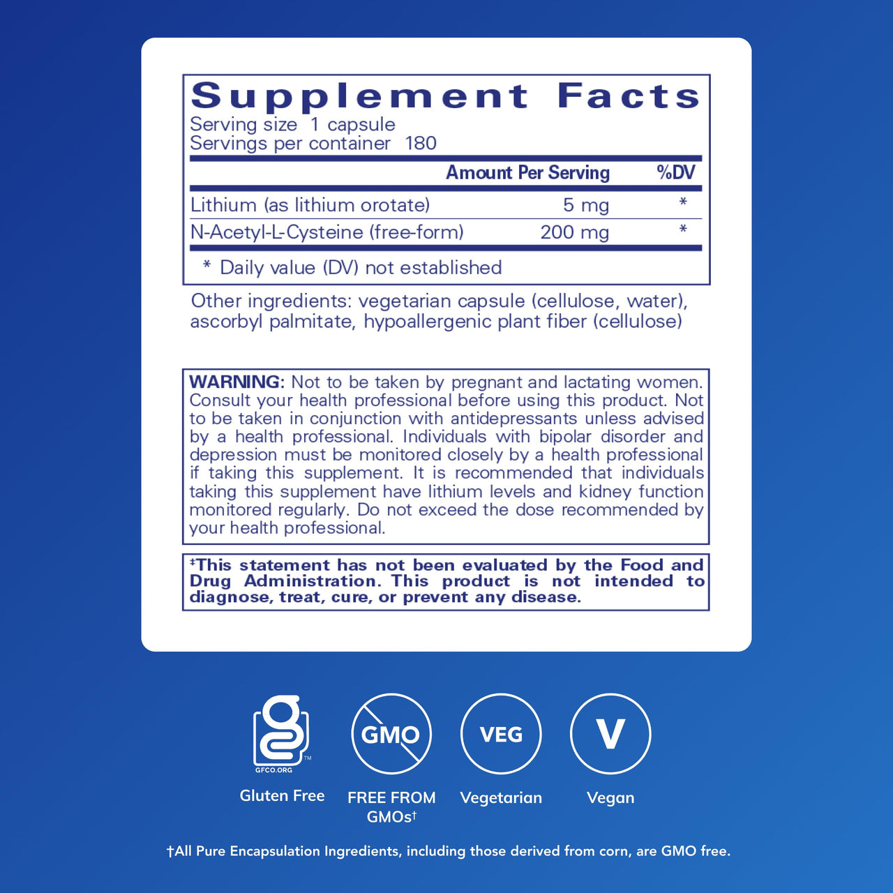 Pure Encapsulations Lithium Orotate 5 mg - Brain Support Supplement - with N-Acetyl-L-Cysteine (NAC) for Memory & Brain Behavior* - Gluten Free & Non-GMO - 180 Capsules