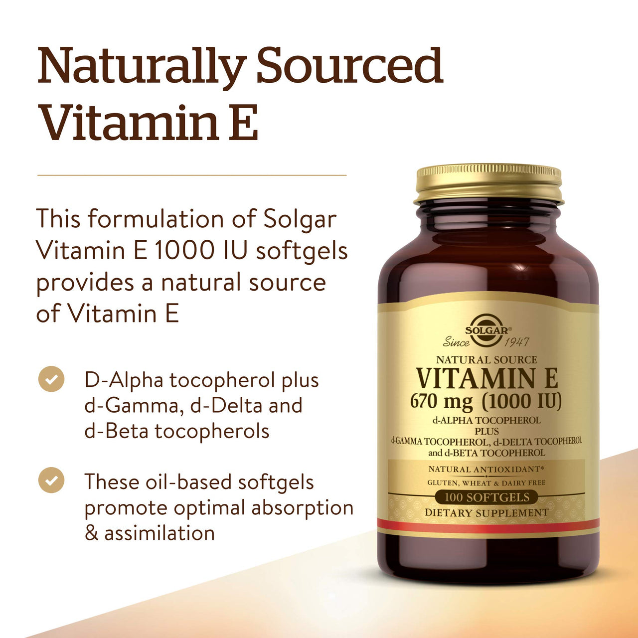 Solgar Vitamin E 670 mg (1000 IU), 100 Mixed Softgels - Natural Antioxidant, Skin & Immune System Support - Naturally-Sourced Vitamin E - Gluten Free, Dairy Free - 100 Servings