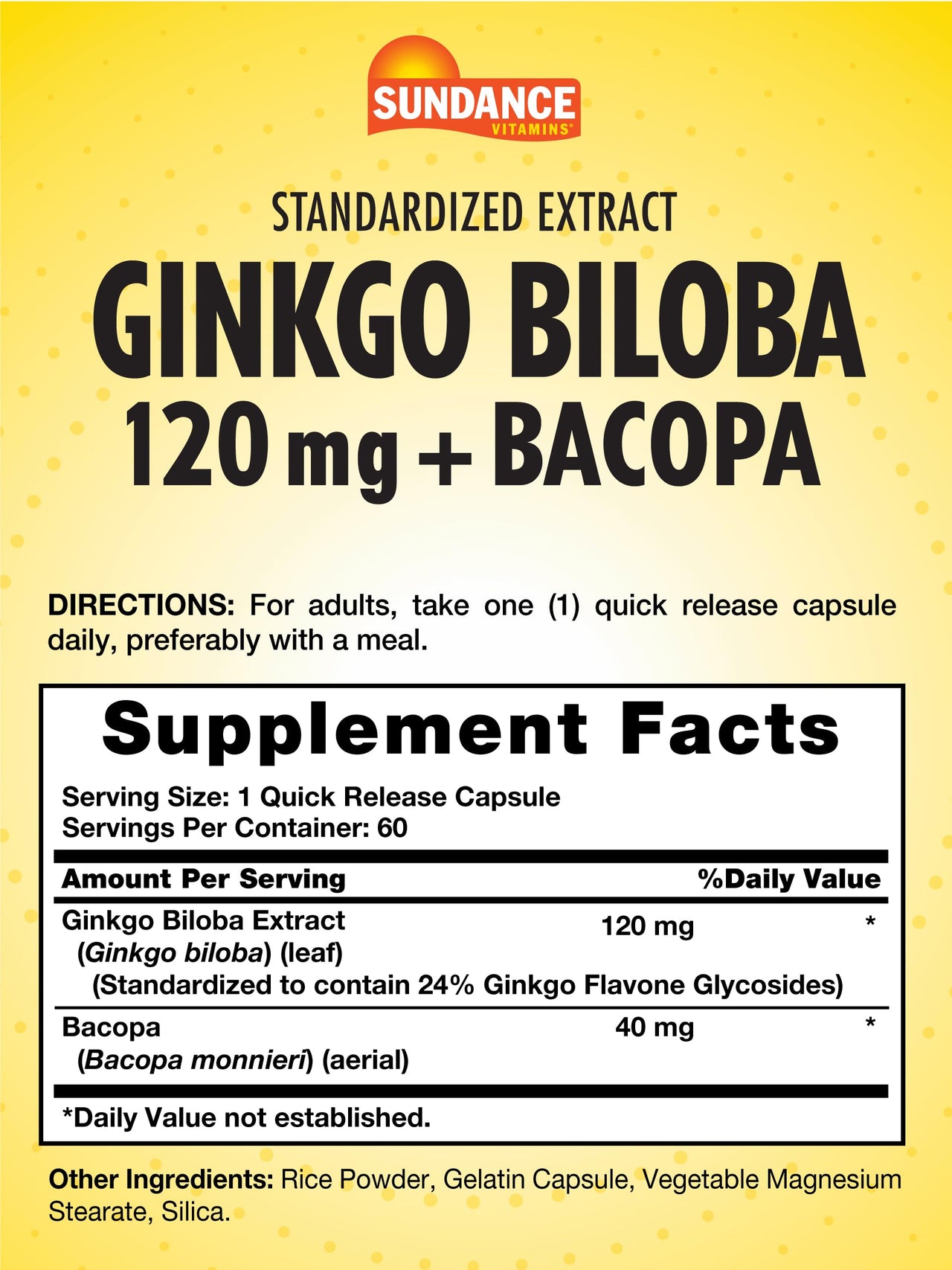Sundance Ginkgo Biloba Capsules | 120mg | Standardized Extract with Bacopa | Gluten Free Traditional Herb Supplement