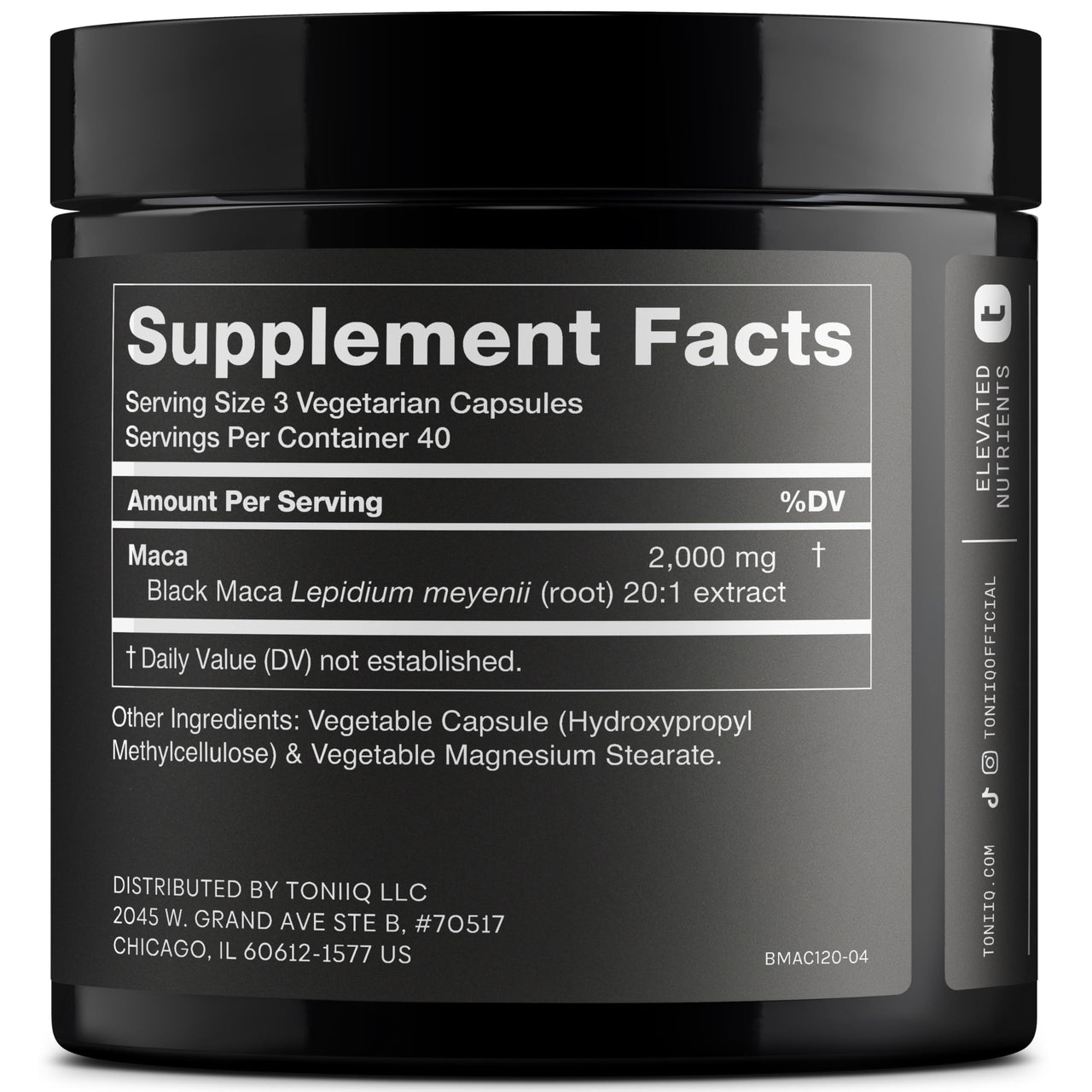 Toniiq Black Maca Root - Ultra High Potency 20:1 Extract - Single Origin, Wildcrafted & Highly Concentrated - Third-Party Lab Tested - 120 Capsules