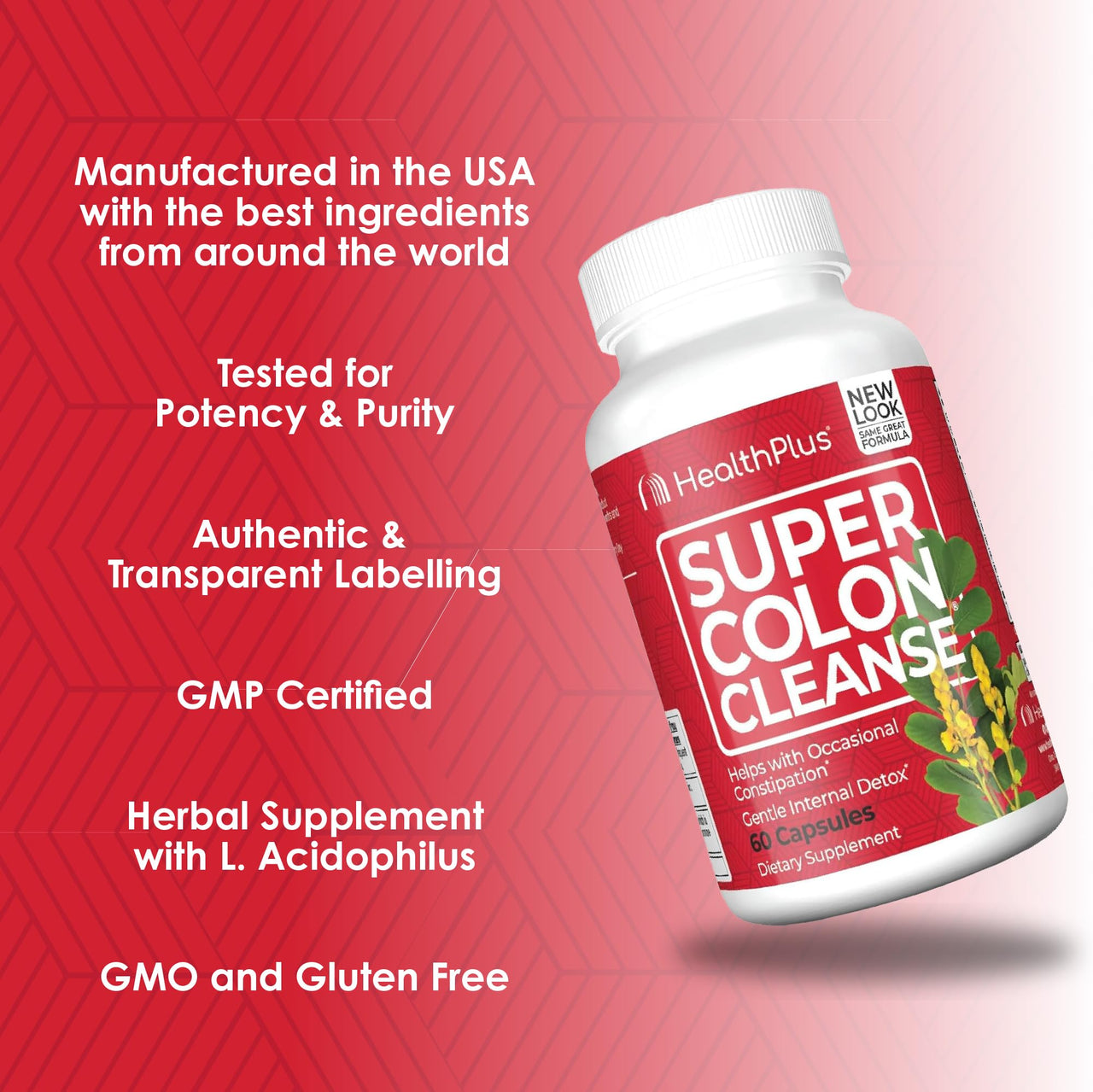 Health Plus Super Colon Cleanse 30 Day Supply of Gentle Gut Cleanse Detox, Psyllium Husk, Probiotics for Constipation Relief & Digestive Support, 120 Capsules