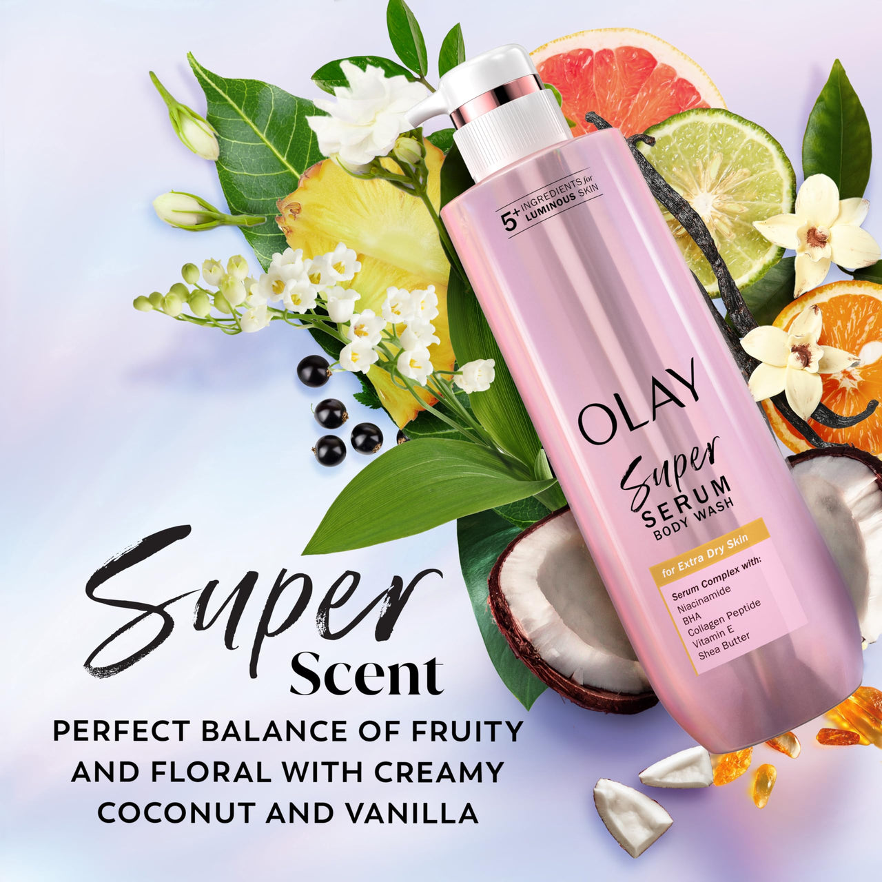 Olay Super Serum Body Wash for Extra Dry Skin, 24hr Long Lasting Hydration, 5+ Ingredient Complex for Bright Even Firm Luminous Skin, 18.5 Fl Oz
