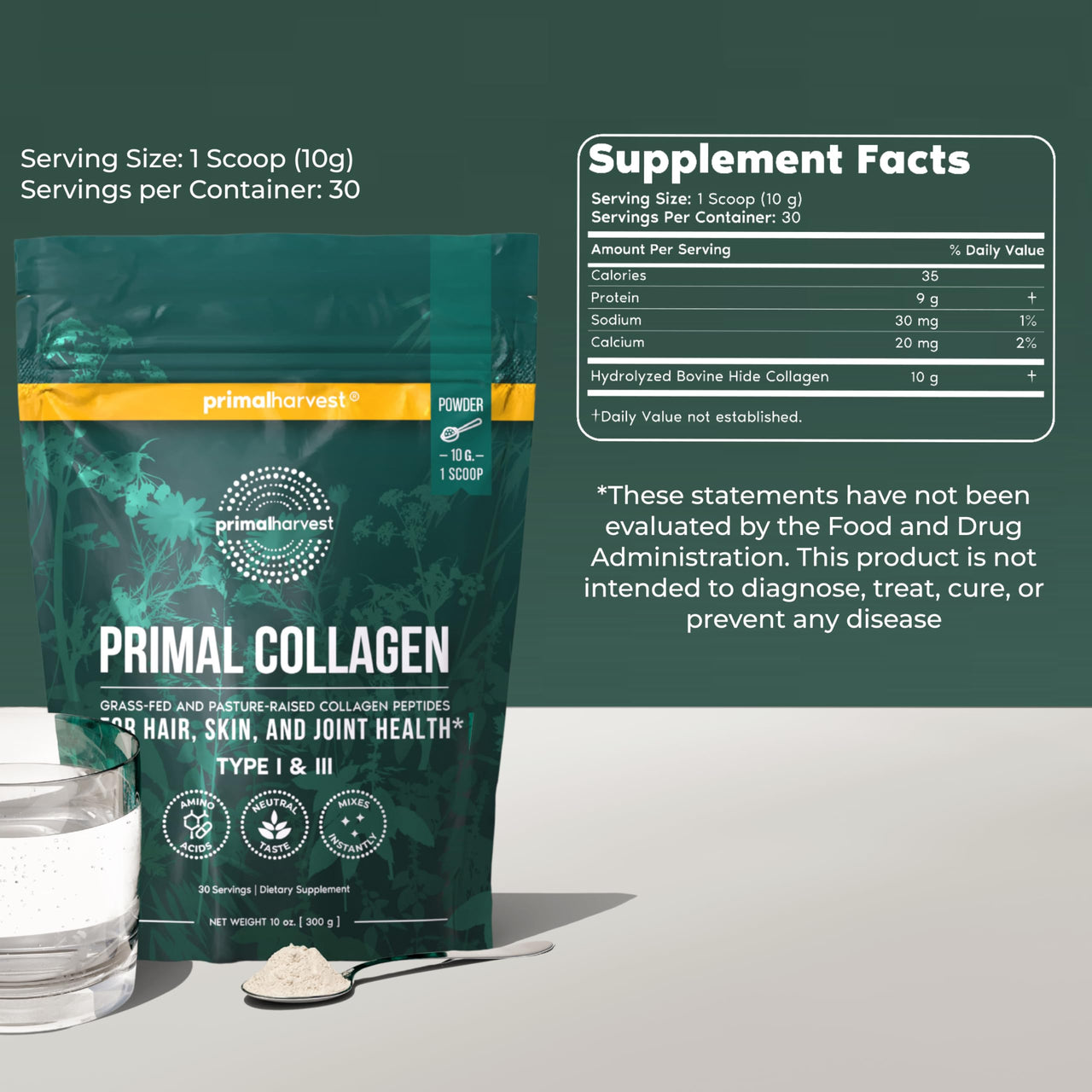 Primal Harvest Collagen Powder for Women or Men Primal Collagen Peptides Powder Type I & III, 10 Oz Collagen Protein Powder for Hair, Skin, Nails (Single, Original)