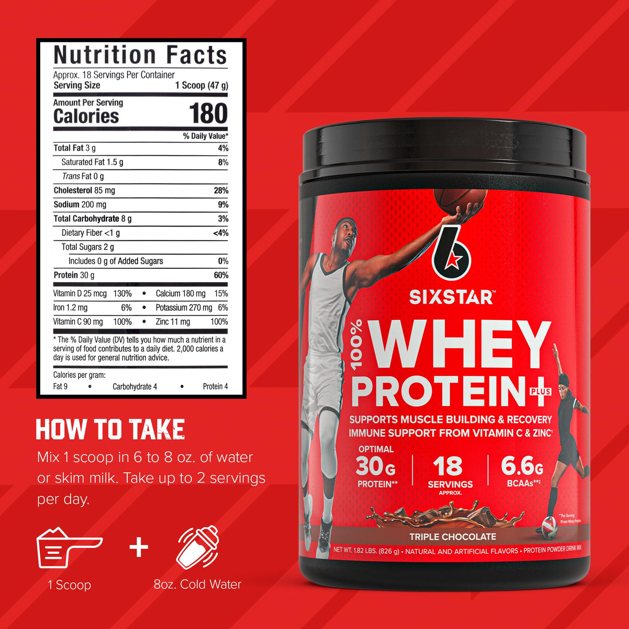 Six Star Whey Protein Powder Plus - Muscle Building & Recovery Formula with Whey Isolate Powder, BCAAs, 30g Protein, Immune Support - Post-Workout Supplement - Triple Chocolate, 1.8 lbs