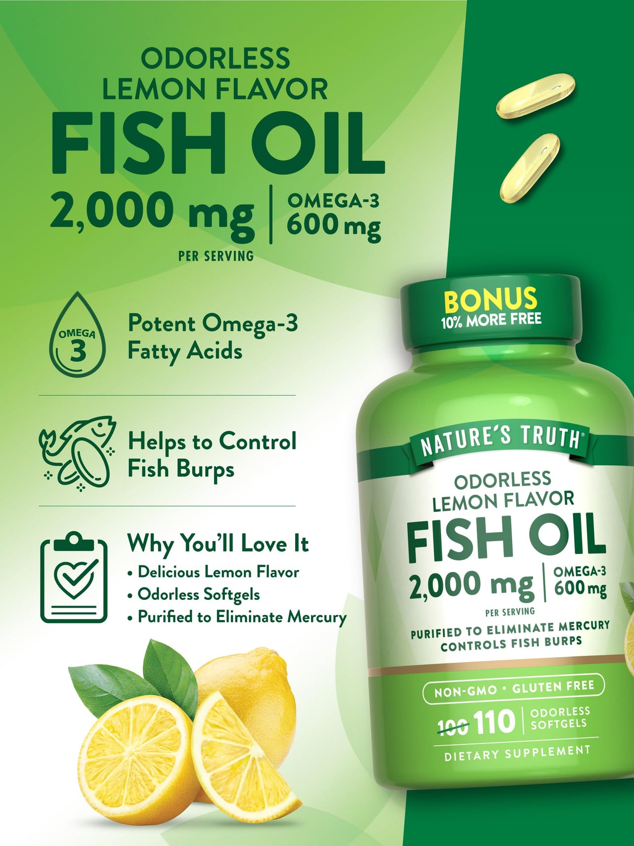 Nature's Truth Fish Oil 2000mg | 110 Softgels | Omega-3 | Lemon Flavor | Non-GMO & Gluten Free Supplement