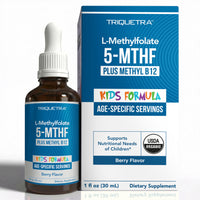 Thumbnail for Organic Kids L-Methylfolate + Methyl B12 Cofactor - MTHFR Sublingual Form - 5-MTHF, Superior Form of Folate - Adjustable Dosing for All Ages - Mood, Behavior, Cognition - Organic Berry Flavor, 1 Fl oz