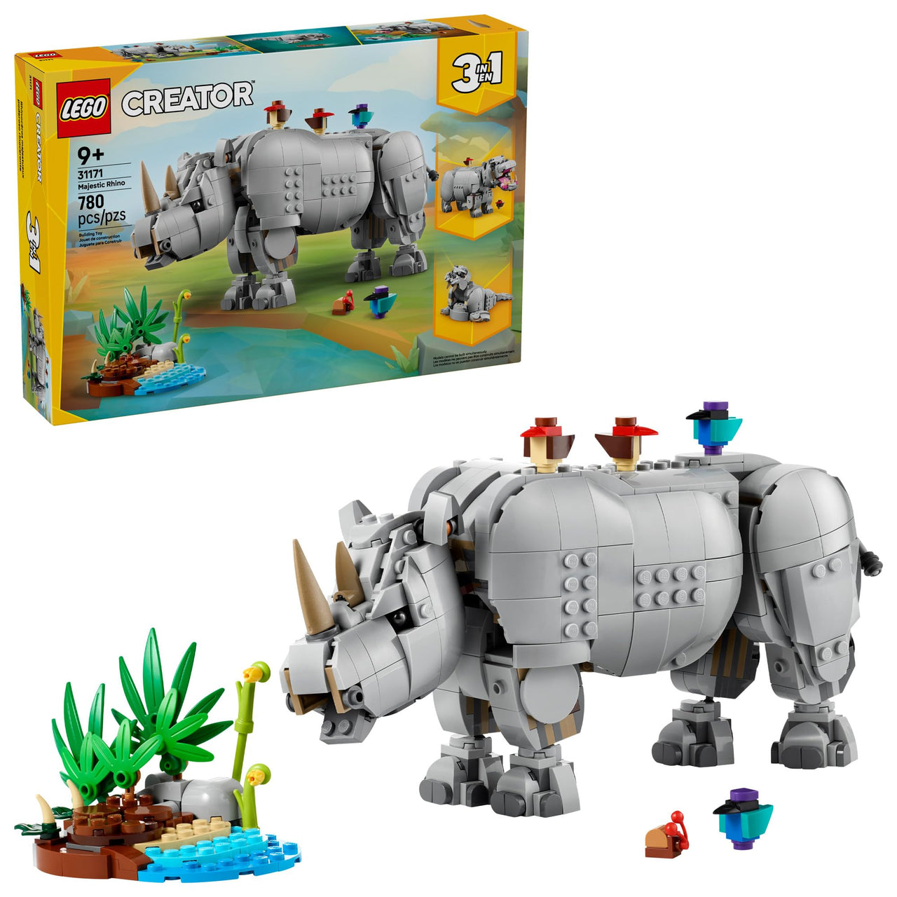 LEGO Creator 3 in 1 Wild Animals: Majestic Rhino with Birds Building Toys for Kids - Safari Pretend Play Toys for Girls & Boys, Ages 9+ - Gift for Birthdays - 31171